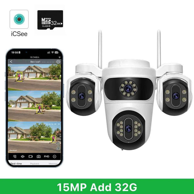 Caméra De Surveillance WiFi 15MP Avec Trois Écrans PTZ, Détection Humaine Et Vision Nocturne