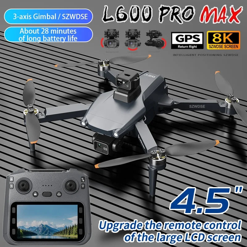 Drone L600 PRO MAX 8K avec caméra HD professionnelle et cardan 3 axes, idéal pour la photographie aérienne.