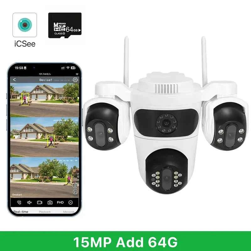 Caméra de surveillance WiFi IP66, 3 Écrans, Vision Nocturne Couleur, 12MP, Imperméable