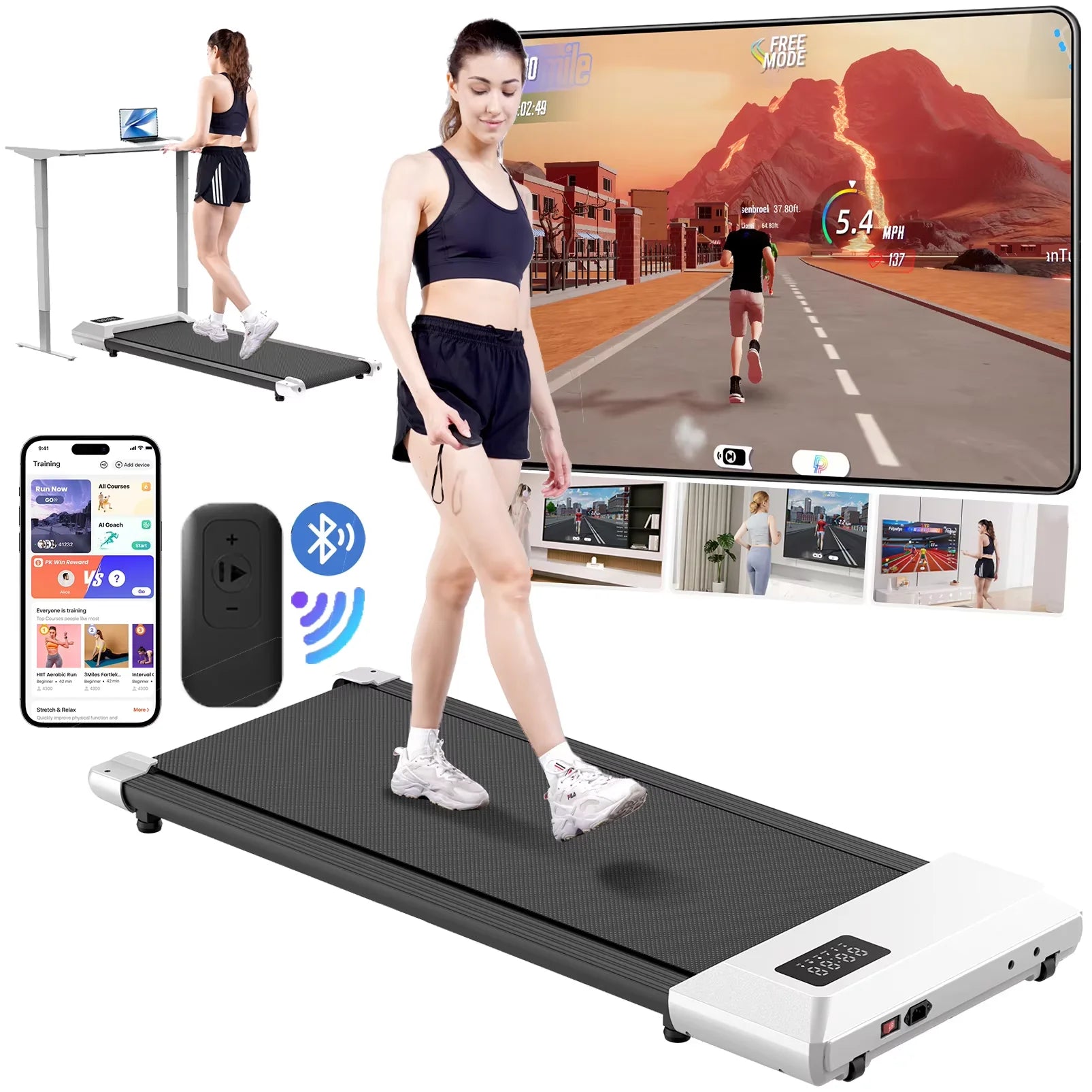 Tapis roulant électrique Bluetooth noir et blanc avec affichage numérique