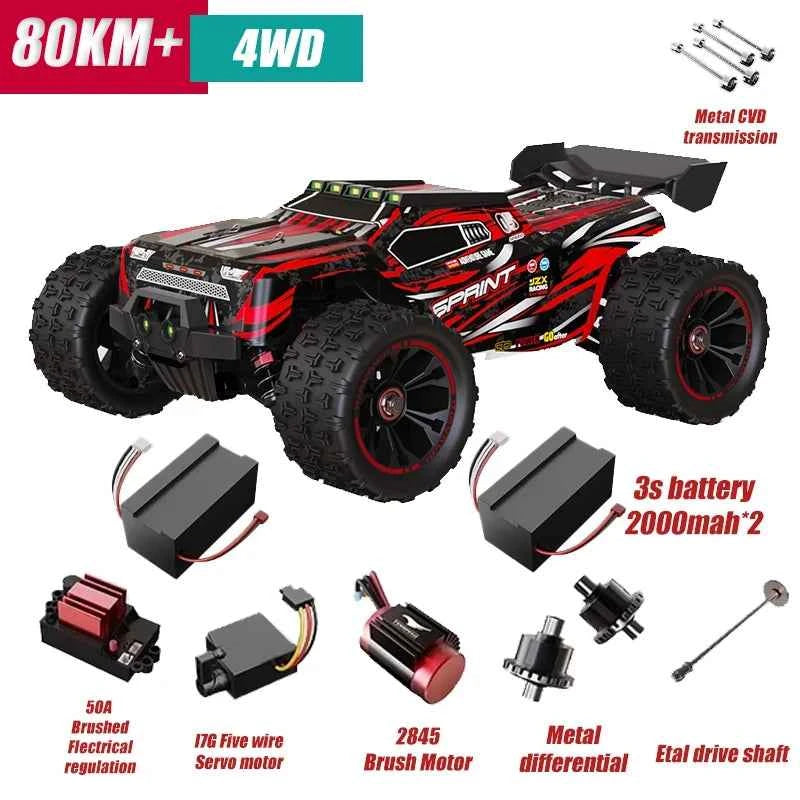 Voiture RC tout-terrain 80 KM/H, camion monstre télécommandé 4WD 1/14 avec phare LED sans balais, jouets idéaux pour garçons, cadeau parfait