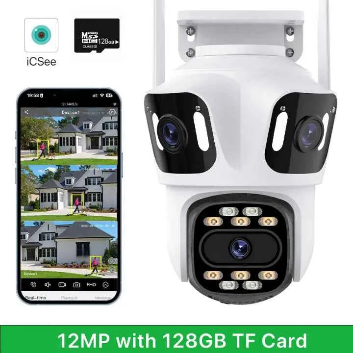 Caméra IP Wi-Fi 12MP À Trois Objectifs avec Vision Nocturne Couleur et Suivi Automatique Étanche