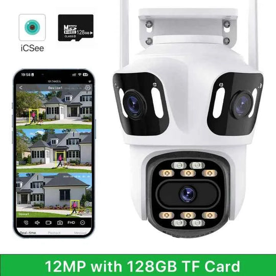 Caméra IP Wi-Fi 12MP À Trois Objectifs avec Vision Nocturne Couleur et Suivi Automatique Étanche