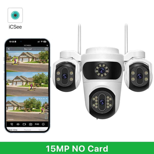 Caméra De Surveillance WiFi 15MP Avec Trois Écrans PTZ, Détection Humaine Et Vision Nocturne