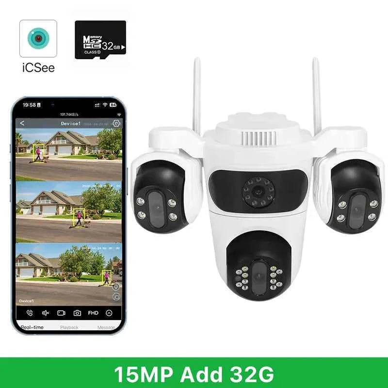 Caméra de surveillance WiFi IP66, 3 Écrans, Vision Nocturne Couleur, 12MP, Imperméable