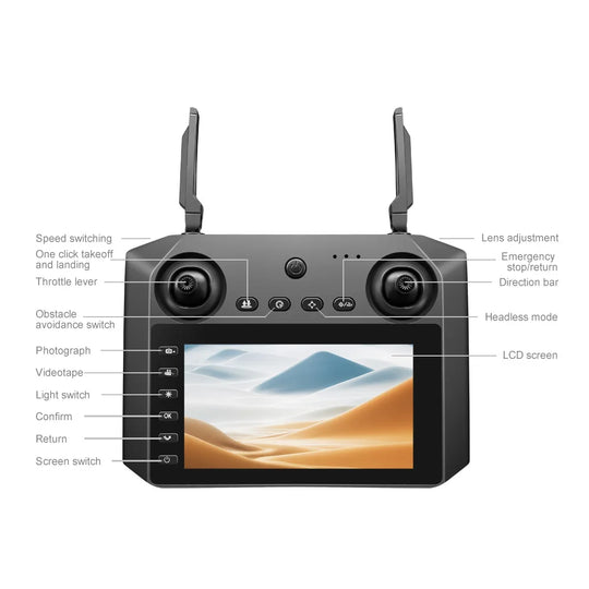 Détails de la télécommande du drone professionnel M33 MAX, présentant son interface conviviale pour filmer en 4K, un essentiel pour les amateurs, drone professionnel 4k.