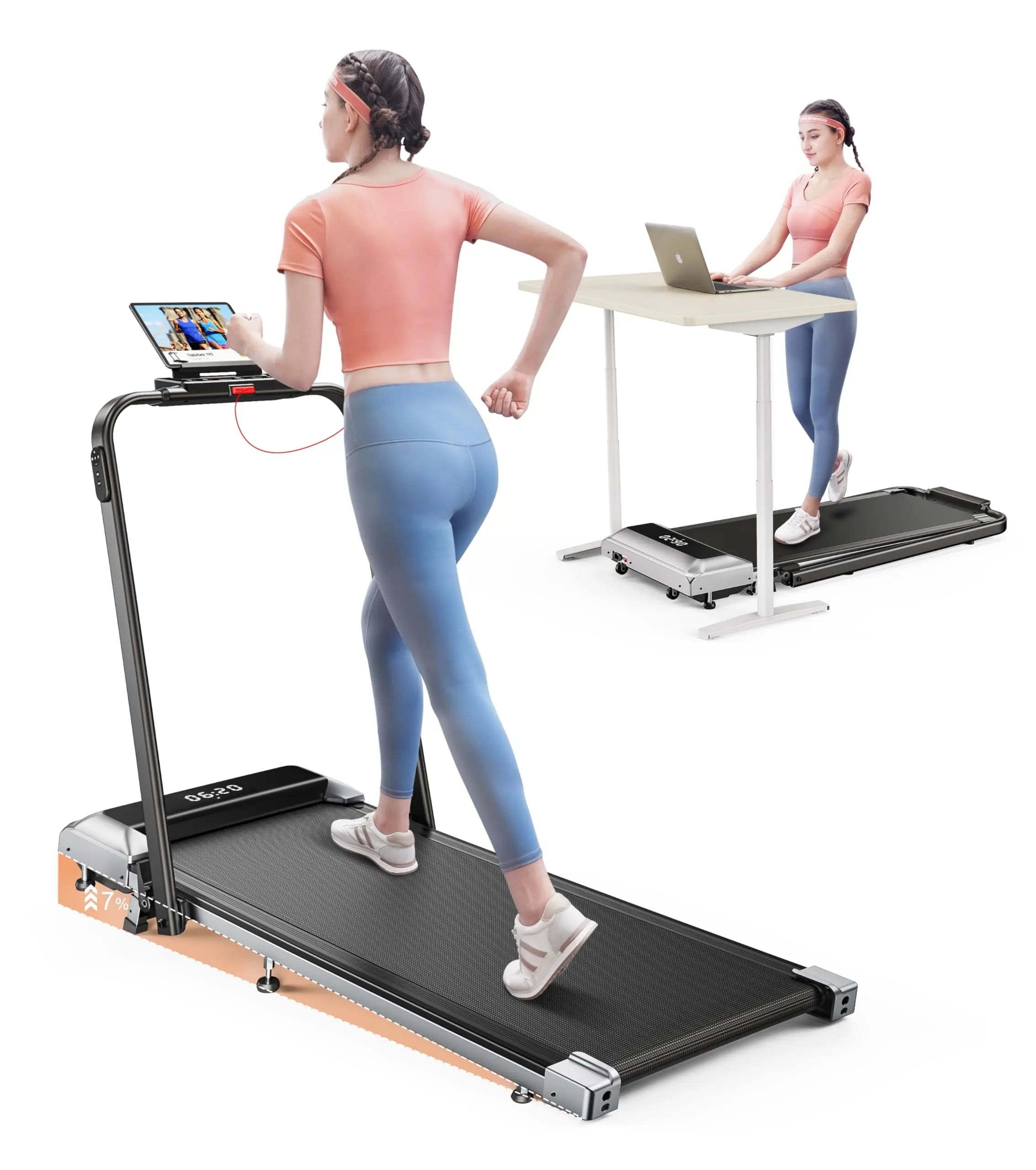 Tapis roulant noir et argent avec écran tactile et running belt