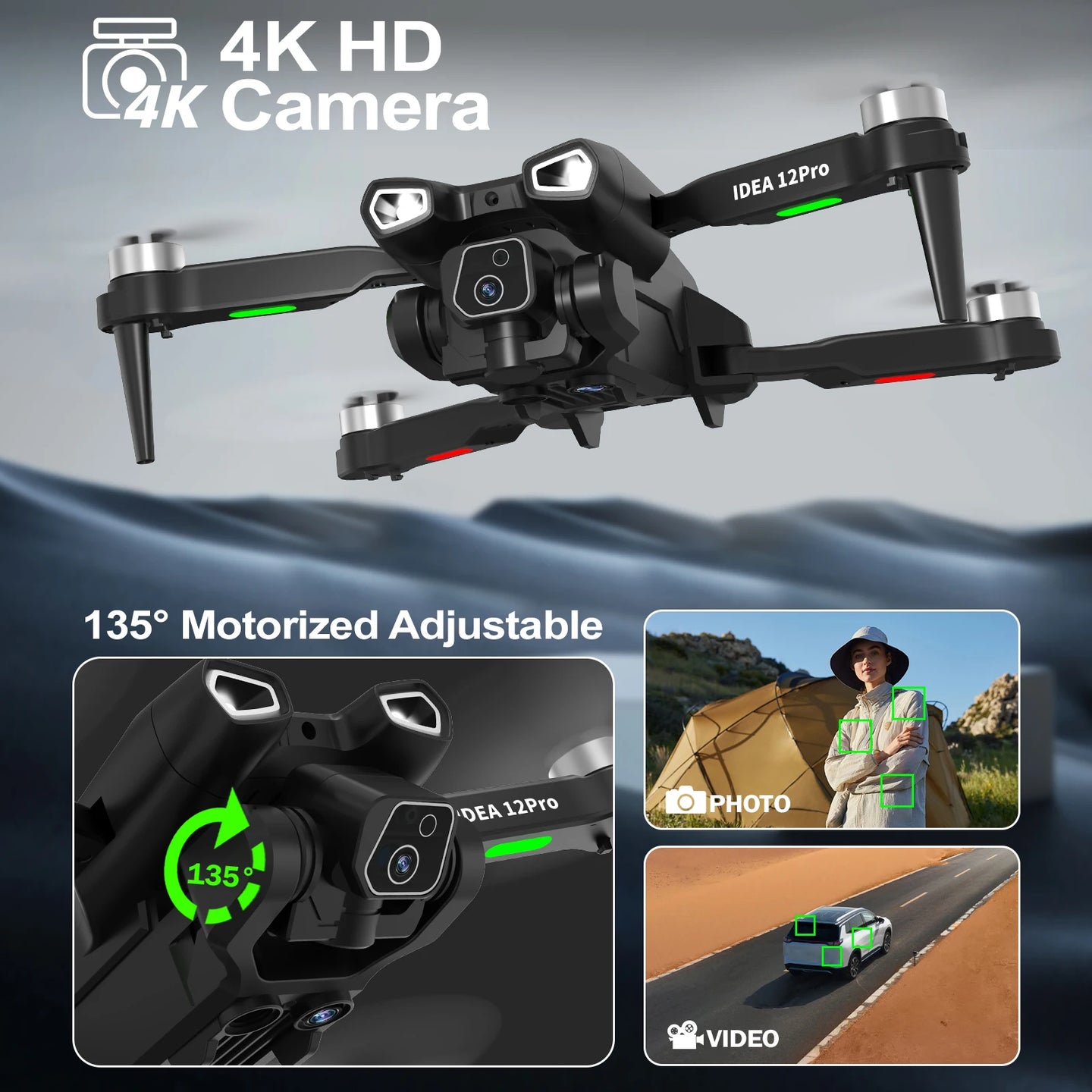 Vue du drone IDEA12Pro avec double caméra RC, une excellente option pour les amateurs de drones caméra 4K.