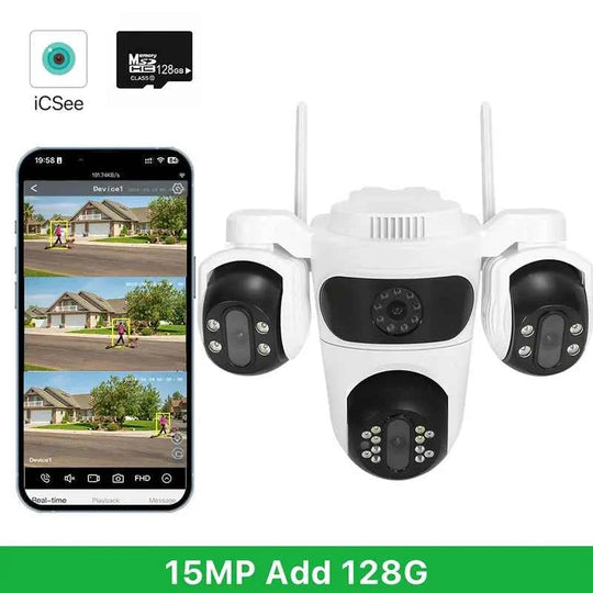 Caméra de surveillance WiFi IP66, 3 Écrans, Vision Nocturne Couleur, 12MP, Imperméable