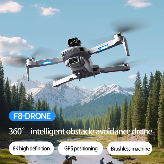 Vue du drone pliable GPS F8 MAX, équipé d'une caméra professionnelle 8K, conçu pour les pilotes débutants et experts.