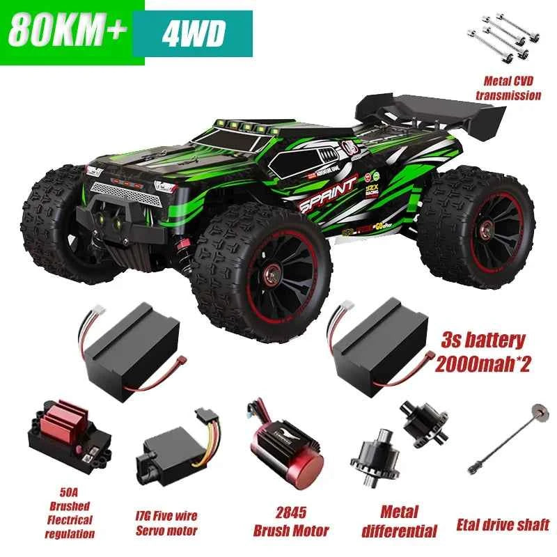 Voiture RC tout-terrain 80 KM/H, camion monstre télécommandé 4WD 1/14 avec phare LED sans balais, jouets idéaux pour garçons, cadeau parfait