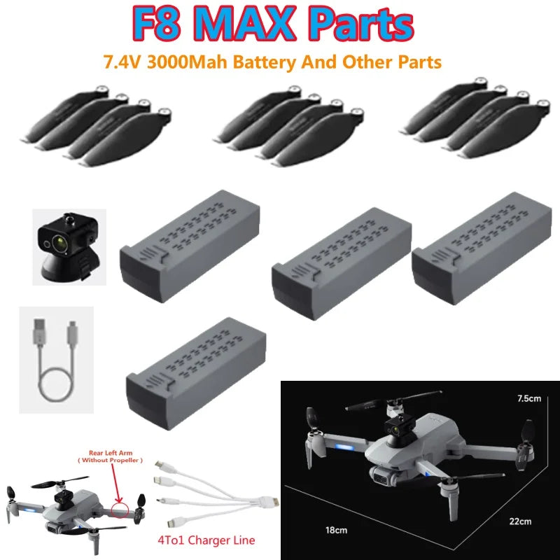 Batterie 7.4V 3000mAh et pièces détachées pour drone RC F8 MAX
