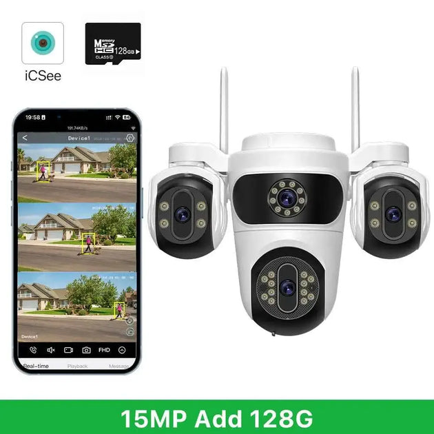 Caméra De Surveillance WiFi 15MP Avec Trois Écrans PTZ, Détection Humaine Et Vision Nocturne