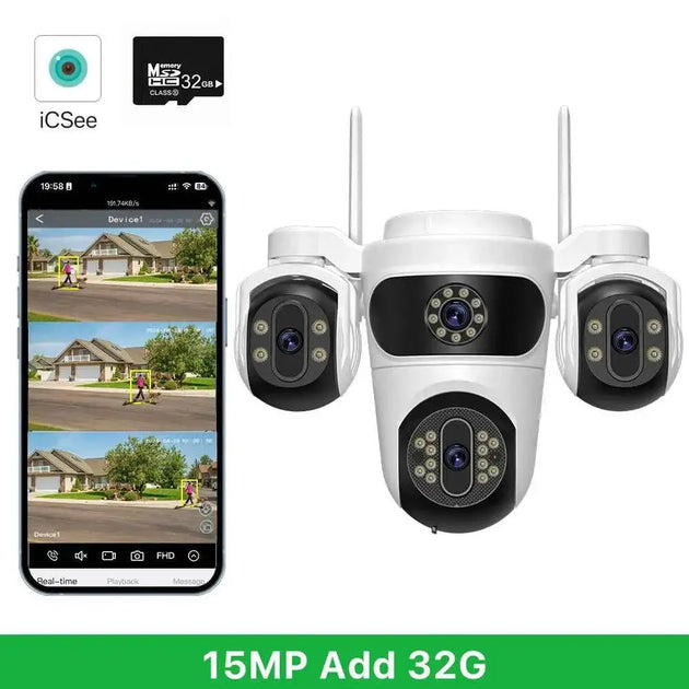 Caméra De Surveillance WiFi 15MP Avec Trois Écrans PTZ, Détection Humaine Et Vision Nocturne