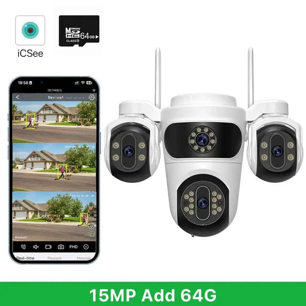 Caméra De Surveillance WiFi 15MP Avec Trois Écrans PTZ, Détection Humaine Et Vision Nocturne