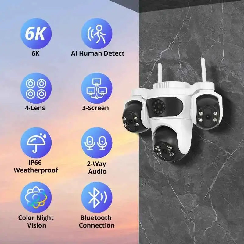 Caméra de surveillance WiFi IP66, 3 Écrans, Vision Nocturne Couleur, 12MP, Imperméable