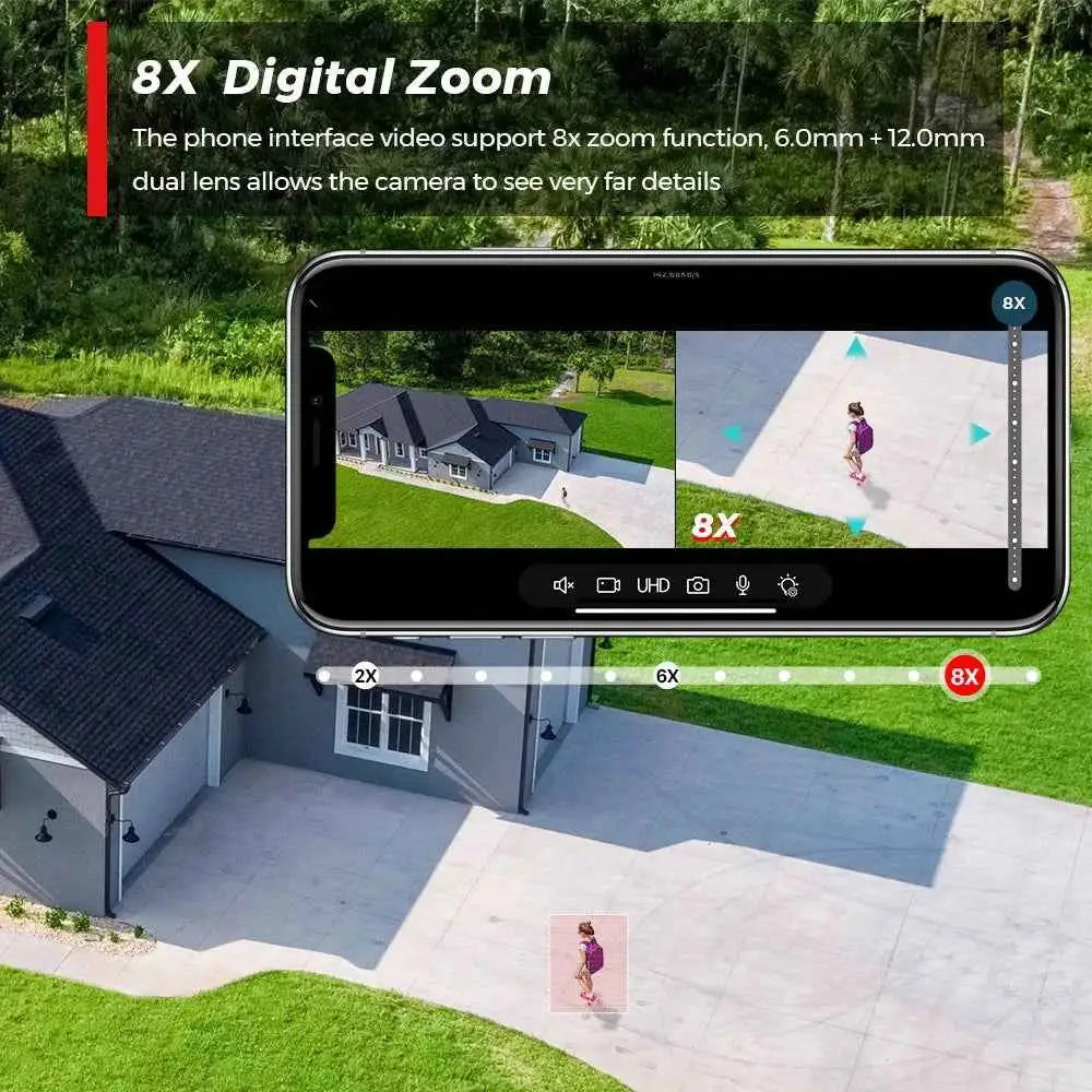Caméra Extérieure WiFi 12MP 6K avec Zoom Numérique 8X et Détection Humaine AI