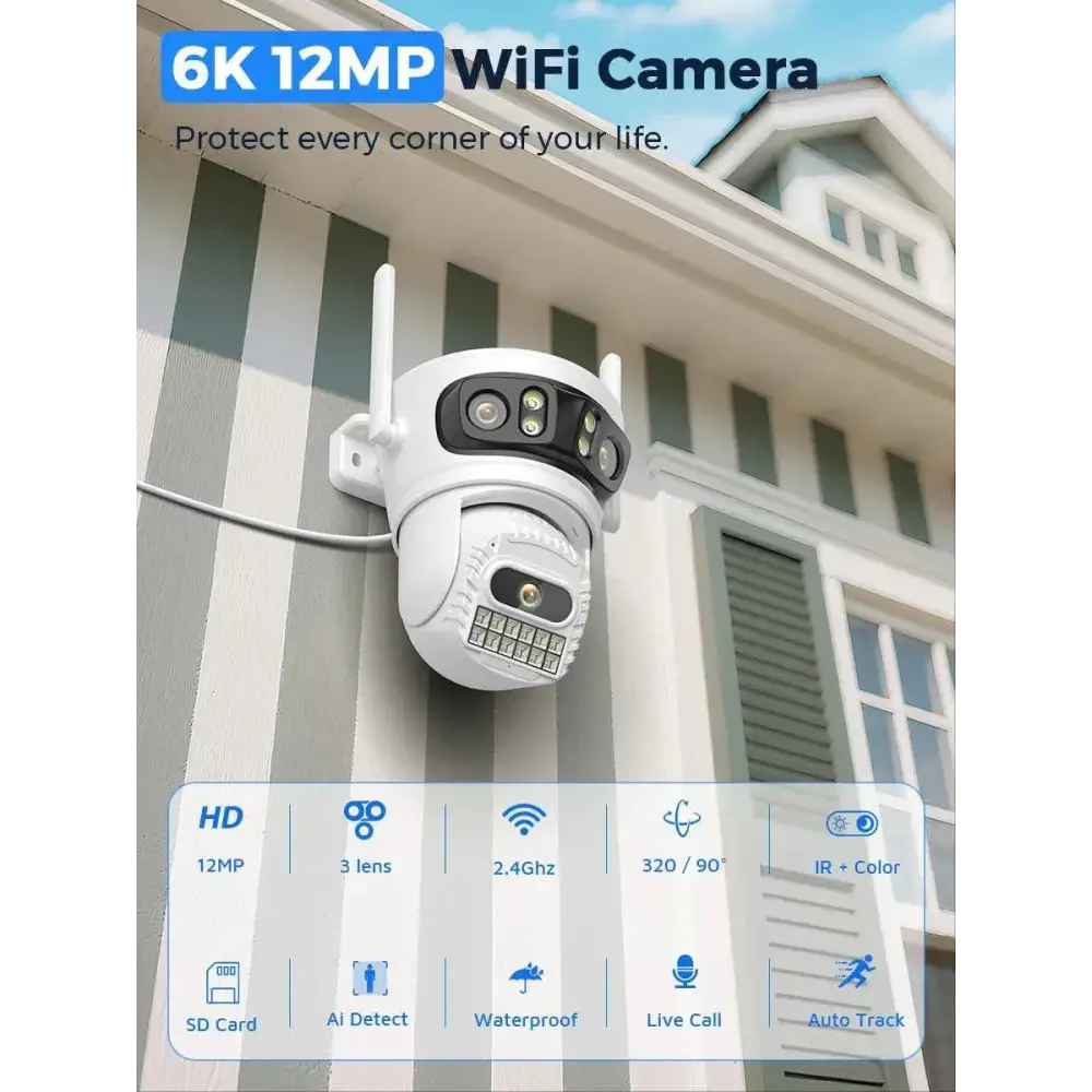 Caméra IP Extérieure Wifi 12MP PTZ avec Suivi Automatique et Vision Nocturne Couleur 180°