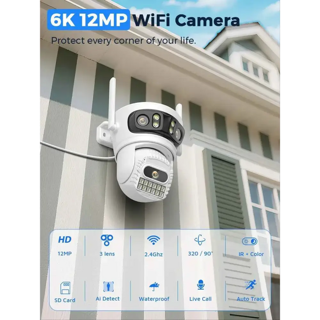 Caméra IP Extérieure Wifi 12MP PTZ avec Suivi Automatique et Vision Nocturne Couleur 180°