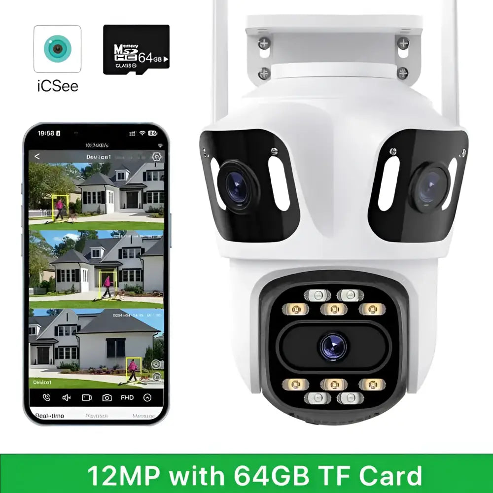 Caméra IP Wi-Fi 12MP À Trois Objectifs avec Vision Nocturne Couleur et Suivi Automatique Étanche