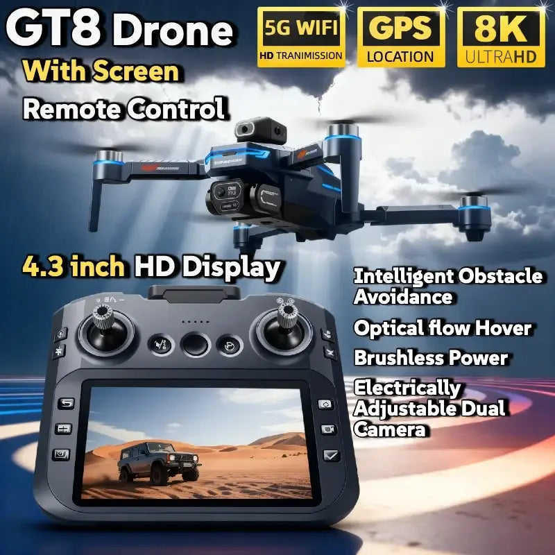 Drone GT8 Pliable avec Caméra 4K GPS et Éclairage LED Noir et Bleu - Drone