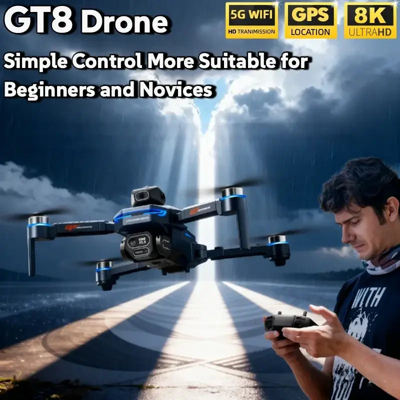 Drone GT8 Pliable avec Caméra 4K GPS et Éclairage LED Noir et Bleu - Drone