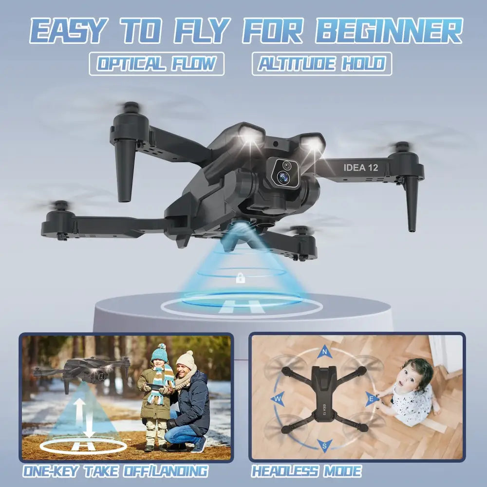 Drone pliable caméra 1080P IDEA12 mini avec 2 batteries RC quadrirotor FPV pour enfants - Drone