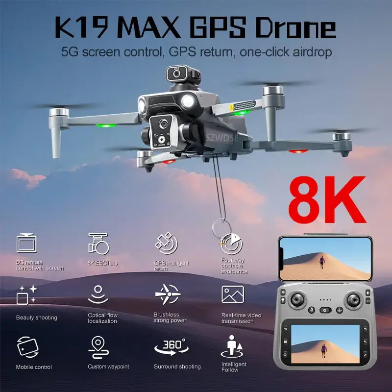 Nouveau K19 MAX GPS Drone professionnel 8K avec caméra aérienne et fonction FPV, parfait pour la photographie aérienne.