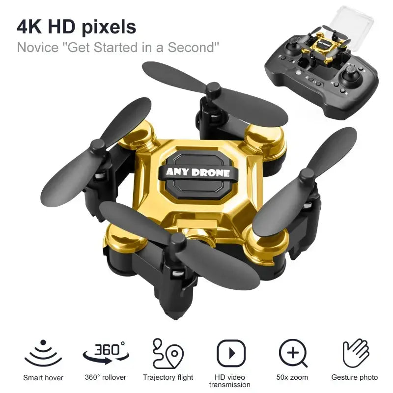 Mini drone pliable Any Drone 4K professionnel bleu métallique K04 - Or avec Appareil photo - Drone