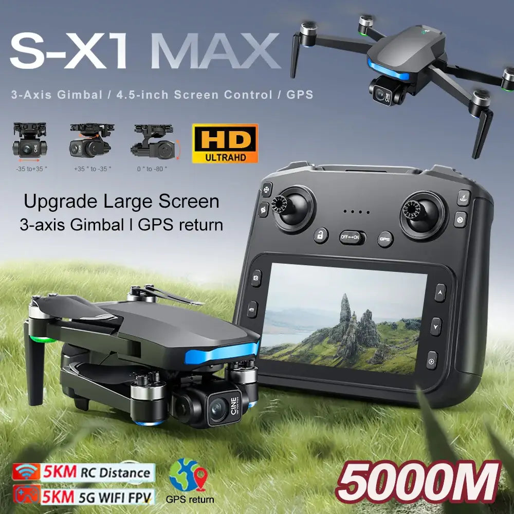 S-X1 Drone GPS 4K Professionnel avec Caméra HD Cardan 3 Axes Transmission d’Image 5G Contrôle Écran FPV Jouet Dron