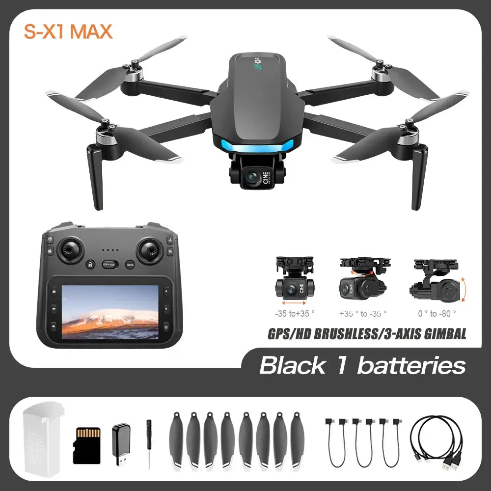 S-X1 Drone GPS 4K Professionnel avec Caméra HD Cardan 3 Axes Transmission d’Image 5G Contrôle Écran FPV Jouet Dron