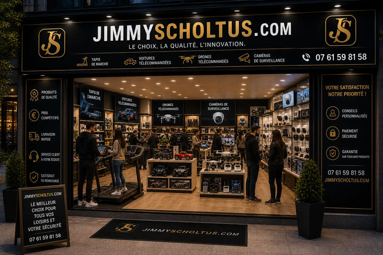 Vitrine noire avec lettrage et logo dorés pour jimmyscholtus.com, présentant des produits de sécurité comme des caméras, des drones et des télécommandes exposés à l'intérieur.