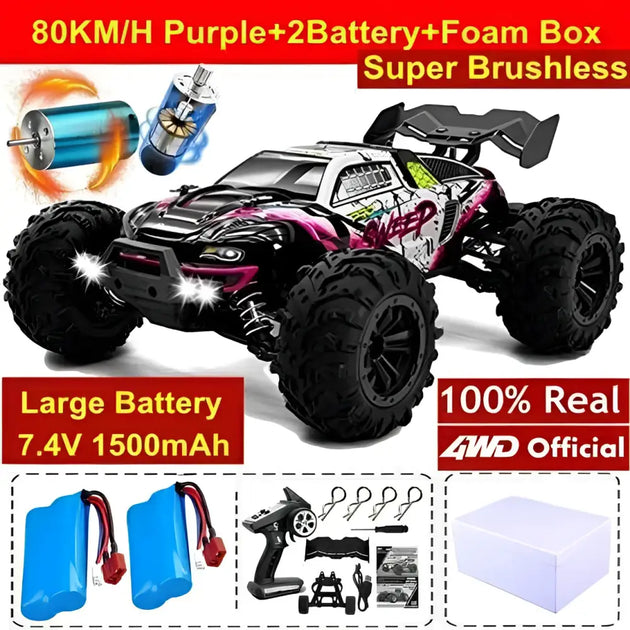 Voiture RC à dérive 1:16, 80 km/h, LED, 4WD, camion monstre télécommandé pour enfants et adultes